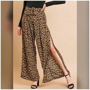 <LAST>High Waist Leopard Wide Leg Front Tie Pants